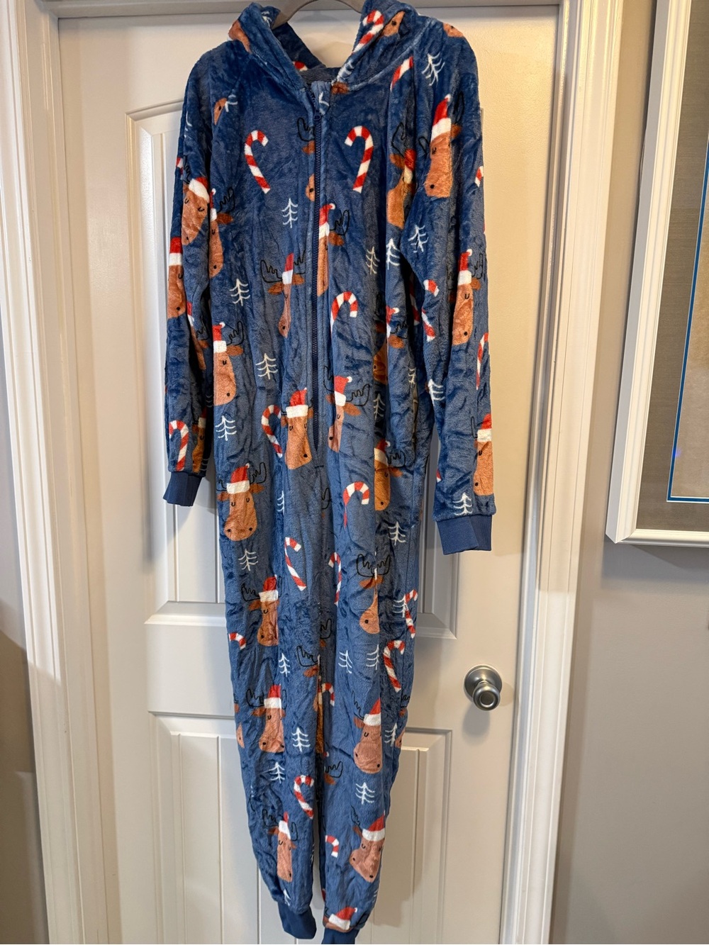 Women's Plush Hooded Jumpsuit - Blue Holiday Reindeer Print